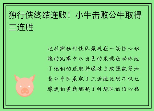 独行侠终结连败！小牛击败公牛取得三连胜